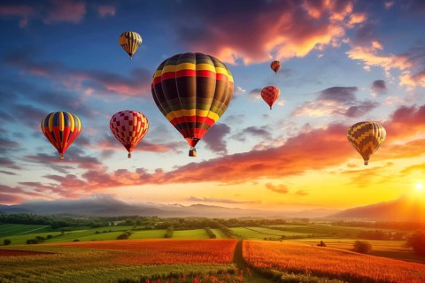 A colorful hot air balloons floats in sky over a blooming field meadow of flowers landscape at