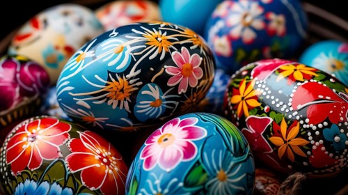 Vibrant, hand-painted Easter eggs adorned with intricate floral patterns, AI generated