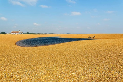 Ridge and lagoon formed on beach at Shingle Street, Hollesley Suffolk, England, UK