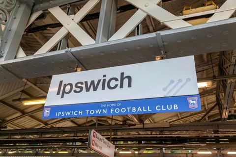Railway train station sign Home Ipswich Town Football Club, Ipswich, Suffolk, England, UK