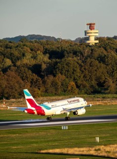 Eurowings Airbus A319-132, landing at Cologne-Bonn Airport, CGN, North Rhine-Westphalia, Germany,