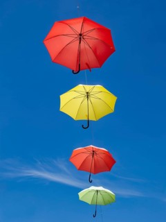 Colourful umbrellas as city decoration, old town of Eisenberg, Saale-Holzland district, Thuringia,