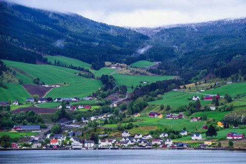 Mountains and Fjord over Norwegian Village, Olden, Innvikfjorden, Norway, Europe