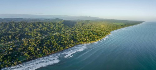 Aerial view, view of Cahuita National Park, coast and coastal landscape with forest, Cahuita,