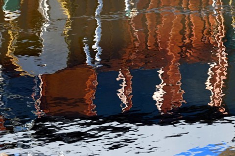 Reflection, colourful reflections on the water surface, maritime impressions, Greetsiel, North Sea,