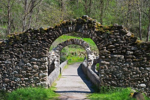 Steinbogenbrücke inmitten der Natur, umgeben von Bäumen und grüner Vegetation, ein ruhiger