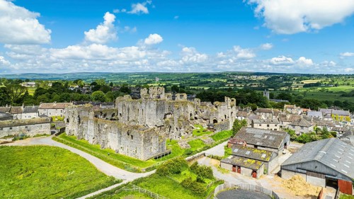 Middleham Castle from a drone, Middleham, Wensleydale, North Yorkshire, England, United Kingdom,