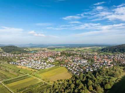 Aerial view of the municipality of Steißlingen, on the horizon the Hegauberge, district of
