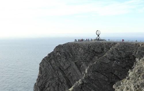 North Cape with steel globe and visitors, Lapland, Northern Norway, Norway, Scandinavia, Europe