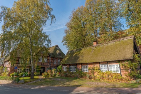 Community Probsteierhagen, former inn Plagmann, half-timbered house with thatched roof, trees in