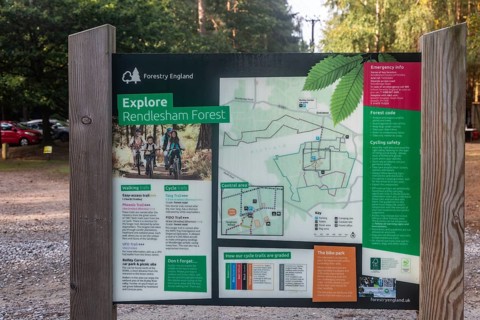 Map and information sign by Forestry England at Rendlesham Forest, Suffolk, England, UK