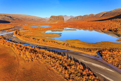 Lake, river, river delta, autumn colours, autumn, mountains, sunny, aerial view, Rapadalen, view of