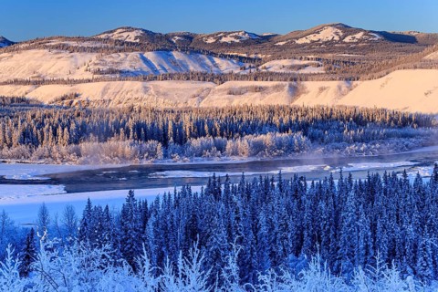 River, riverbed, river delta, icy, snowy, fog, mountains, conifers, morning light, winter, Yukon