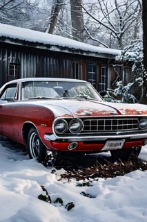 Classic 1960s muscle car, half-buried in snow in a forgotten backyard creating a sense of nostalgia