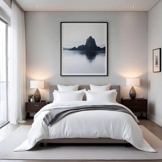 Empty modern bedroom with a large, plush bed covered in white linens, a single framed artwork on
