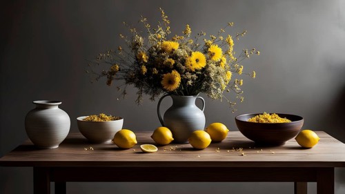 Still life scene of a simple wooden table with a vase of dried flowers, a few ceramic bowls, and