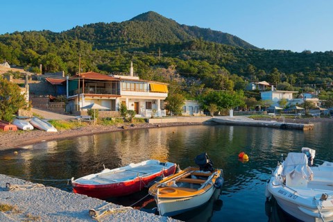 Boats in the water with houses in the background and a wooded mountain in the evening light,