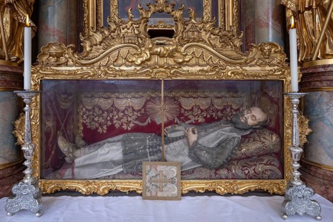 Magnificent glass shrine with a sculpture of a saint, Basilica of St Mauritius, Niederaltaich,