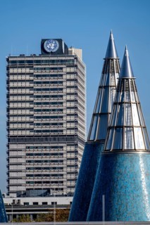 Building of the UN Campus in Bonn, towers, light cone of the Bundeskunsthalle, Museum Mile, North