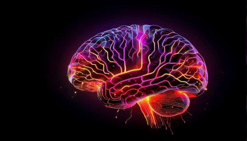 Abstract digital brain made of interconnected lines and glowing circuits in neon colors,