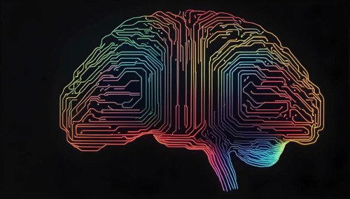 Abstract digital brain made of interconnected lines and glowing circuits in neon colors,