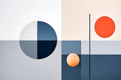 Minimalist composition of overlapping geometric shapes, such as circles, squares, and triangles,