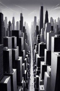 Modern city skyline using clean lines and geometric forms, with rectangular buildings and smooth,