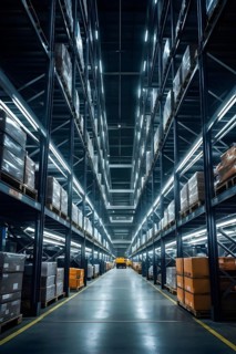 Modern automatized high rack warehouse interior with pallets and boxes, AI generated