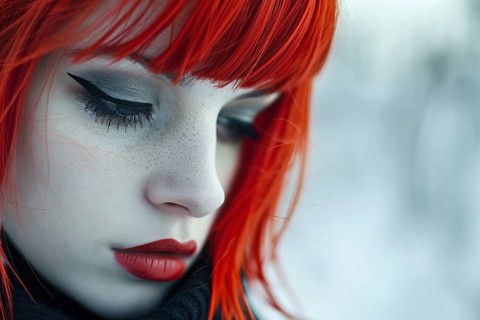 Portrait of young beautiful woman with pale skin and bright red hair with bob hairstyle with bangs