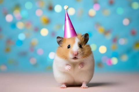 Cute hamster with birthday party hat. KI generiert, generiert, AI generated