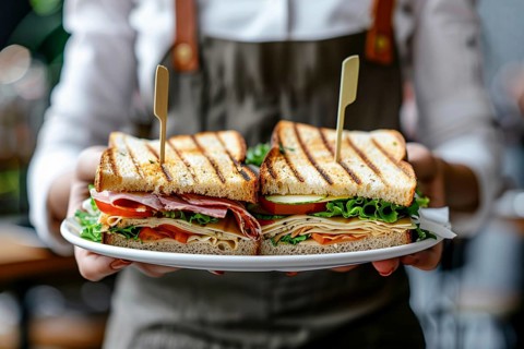 Close up of waitress carrying tray with sandwiches. Generative AI, AI generated