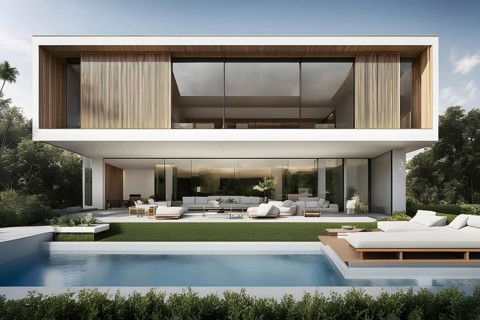 3d render of a modern sustainable house with a swimming pool, AI generated