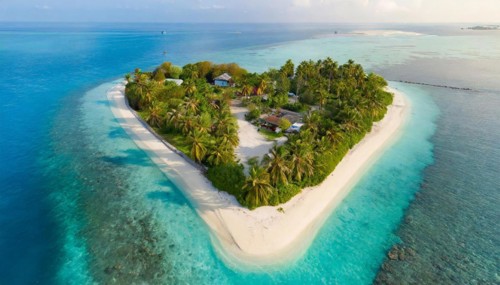 Symbol, small heart-shaped island in the sea, love island, honeymoon, palm beach, aerial view,
