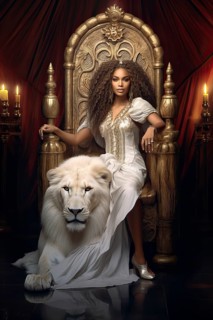 Beautiful young woman with long dark hair with her white pet lion, AI generated