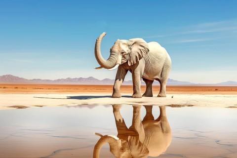 Desert elephant reflecting in a water pond, Africa, AI generated
