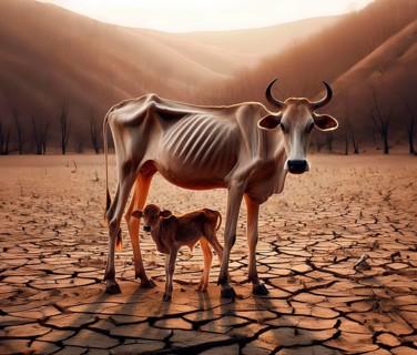 Climate change, climate crisis, global warming, symbolic image, a half-starved, emaciated cow