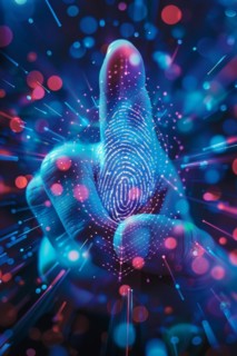 A finger points to a scanned, digitally captured fingerprint for biometric authentication,