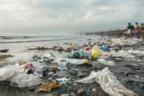 Rubbish, washed up plastic waste on a tropical beach, symbolic image for environmental pollution,