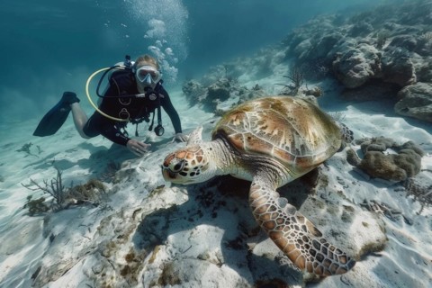 A diver encounters a sea turtle, Hawksbill turtle, A sea turtle, AI generated, AI generated, AI
