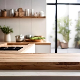 Wooden kitchen with top counter and other modern interior elements, AI generated