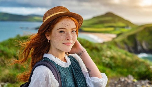 Girl with red hair and freckles in windy environment wearing a hat and smiling, Ireland, AI