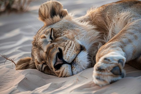 Female lion sleeping on desert sand ground. Generative AI, AI generated