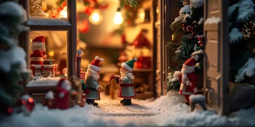 Traditional advent calendar door opening, showing a tiny festive scene inside with miniature