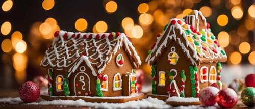 Gingerbread house decorations, focusing on the intricate icing details, colorful candy, and soft,