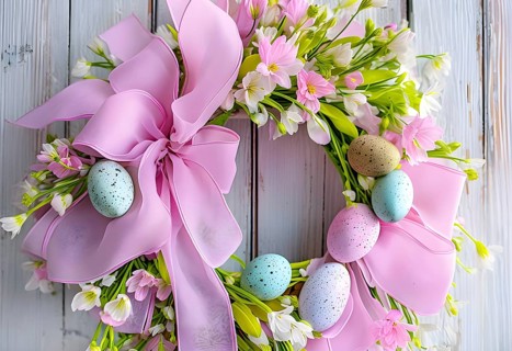 Spring wreath with pastel ribbons, speckled eggs, and blooming flowers, hanging on a wooden