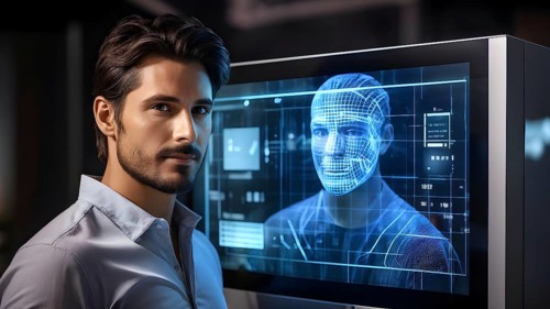 3d digital facial recognition displaying a male face with overlaid ai biometric data, AI generated