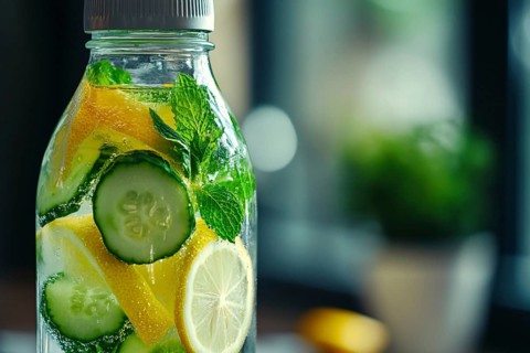 Bottle with cucumber and lemon slices and mint detox drink. Generative Ai, AI generated