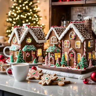 Kitchen counter filled with Christmas cookies, gingerbread houses, and mugs of hot chocolate, with