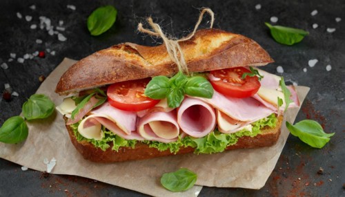 Food, sandwich with cooked ham and tomatoes, AI generated, AI generated