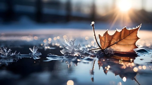 Delicate leaf resting on the surface of a frozen puddle, with intricate ice crystals forming